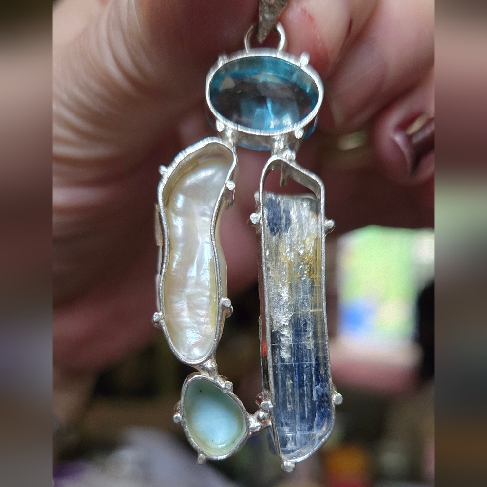 Topaz kyanite pearl & larimar sterling silver pendant - Picture 7 of 8